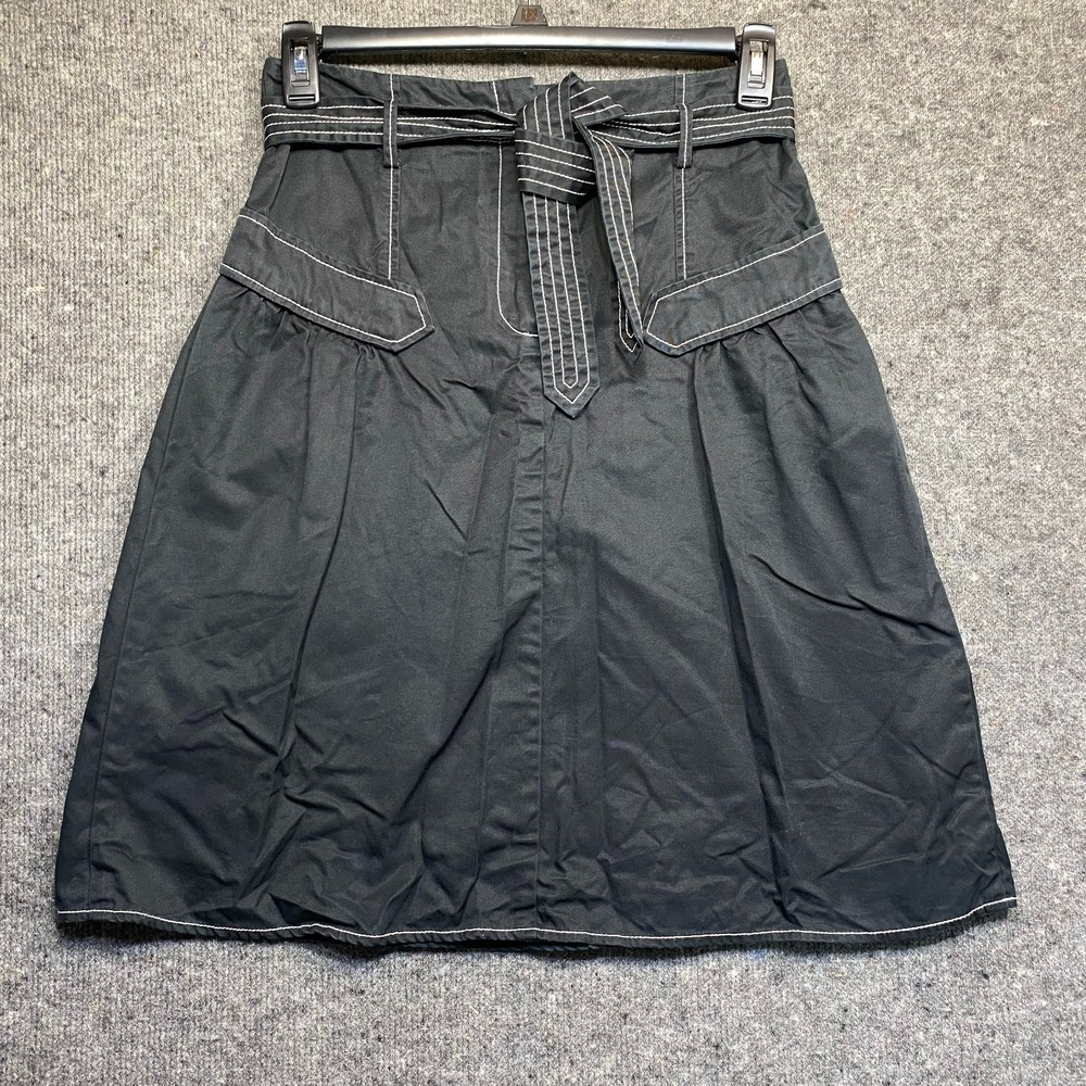 Laundry by Shelli Segal Black Cotton Flare Midi Skirt Contrast Stitch Size 8